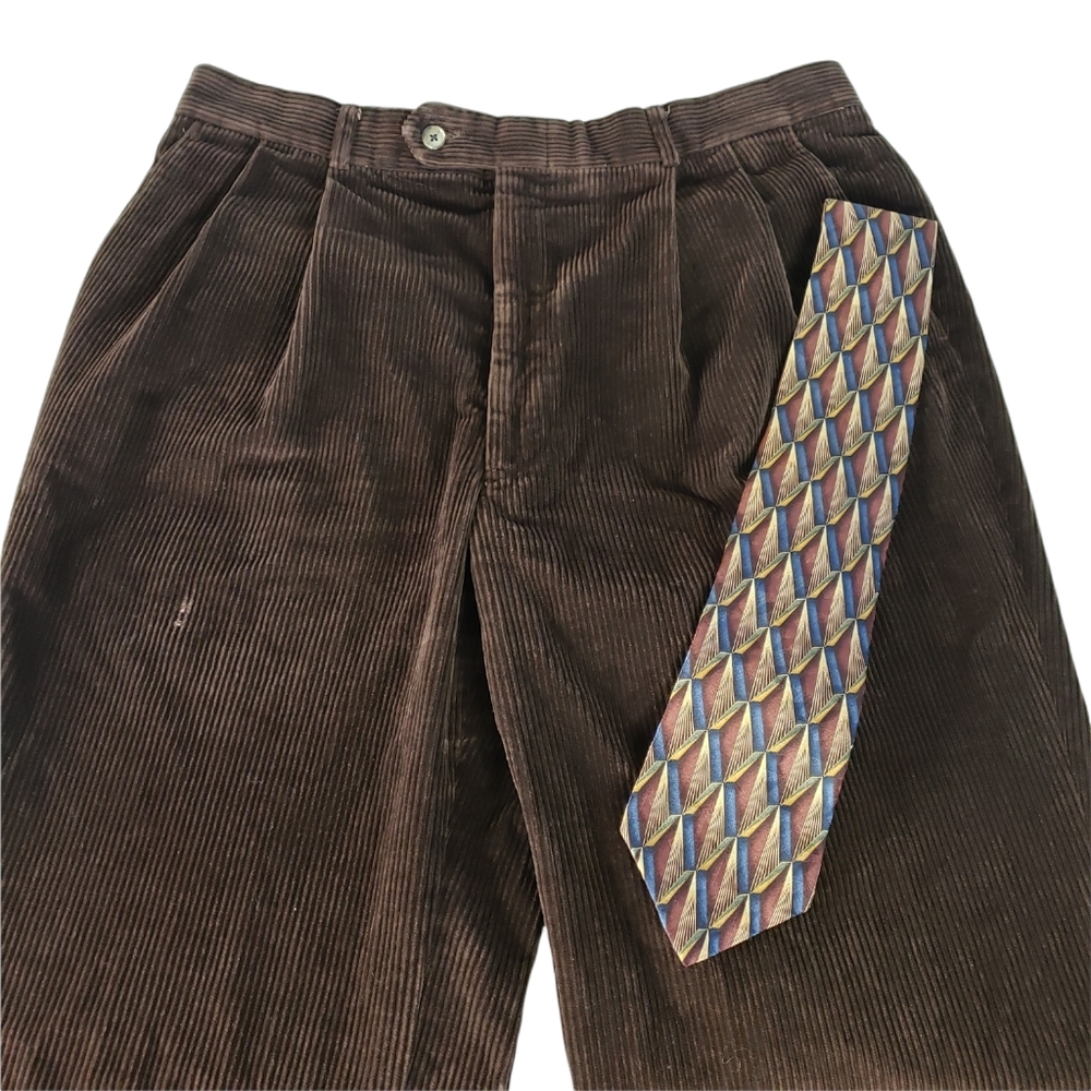 VTG Cadbury Thick Quality Corduroy Pleated Pants Brown with Stafford Tie 36x32